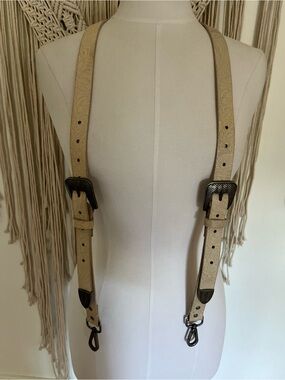 Free People Cream Tooled Leather Suspenders with Antique Buckles